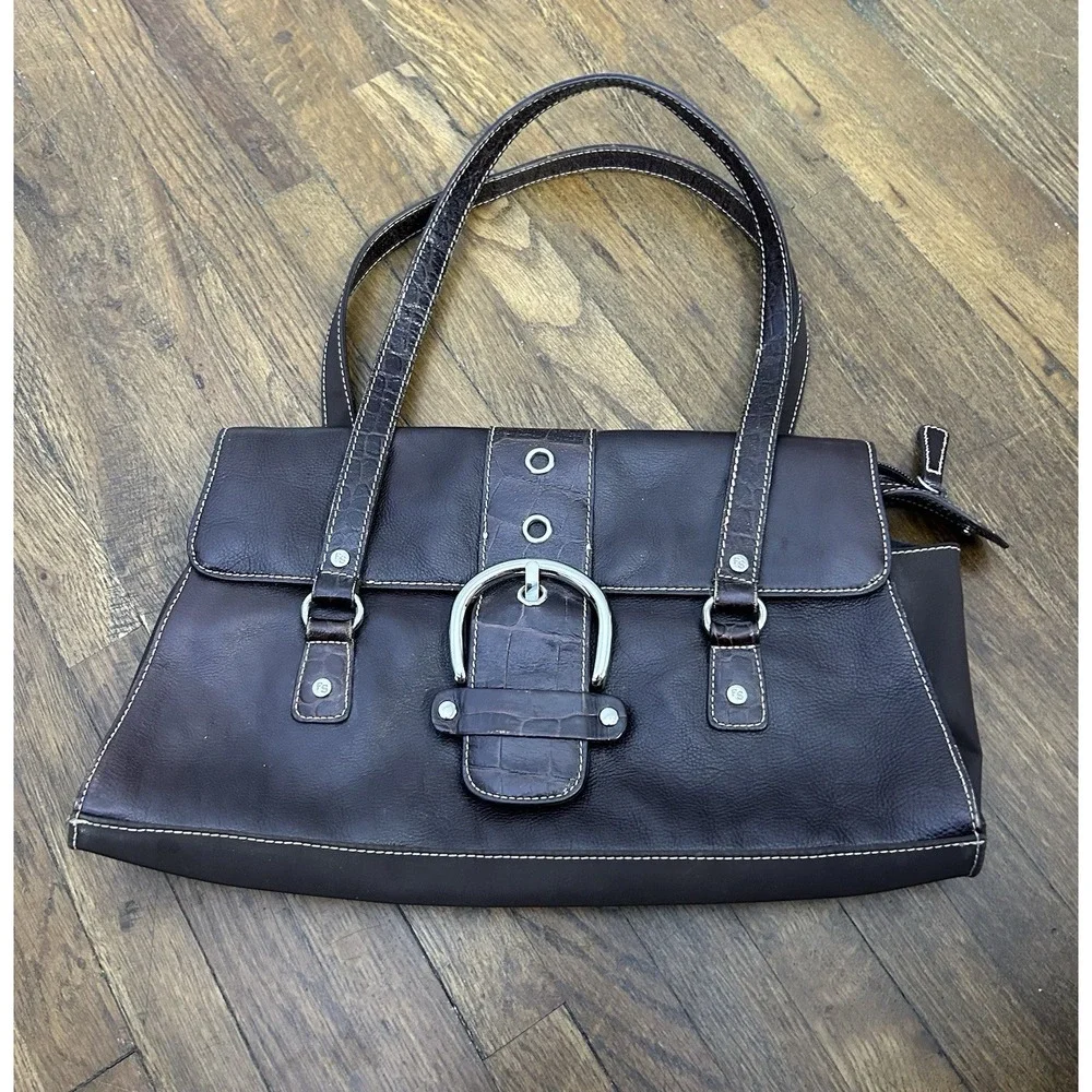 Franco Sarto brown leather shoulder bag Silver Buckle Croc Embossed Y2K Med Size